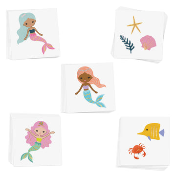 Sparkle and shine in the under the sea inspired 'Mermaid Lagoon Variety Set' featuring 25 assorted colorful kids tattoos!